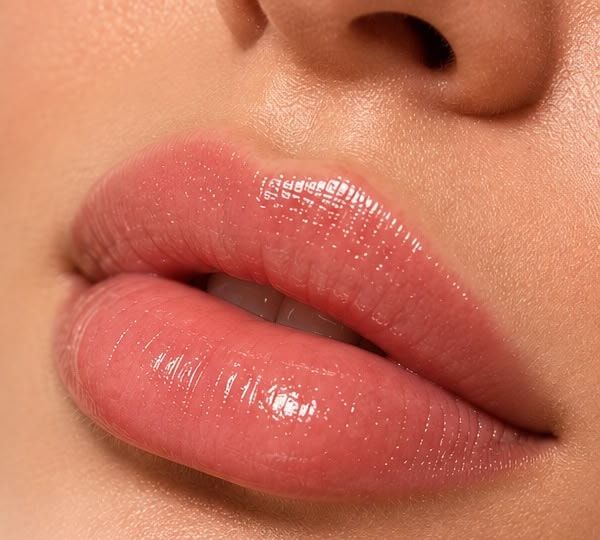 Lábios de uma mulher em close, com brilho rosado.